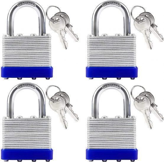Belle Vous Heavy Duty Laminated Steel Shackle Padlocks with 2 Keys (4 Pack) - 6mm Shackle - 6.4 x 4.2 x 2.4cm/2.36 x 1.65 x 0.94 inches - Weatherproof Indoor/Outdoor Keyed Locks for Storage & Locker