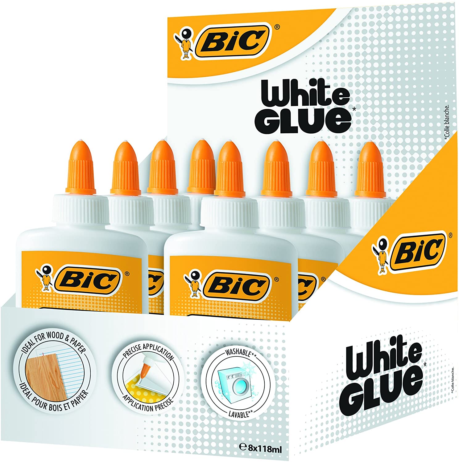 BIC Liquid White Glue - Box of 8 - 118 ml Bottles of Glue for Paper Crafts or Wood - Washable with Precise Applicator Tip