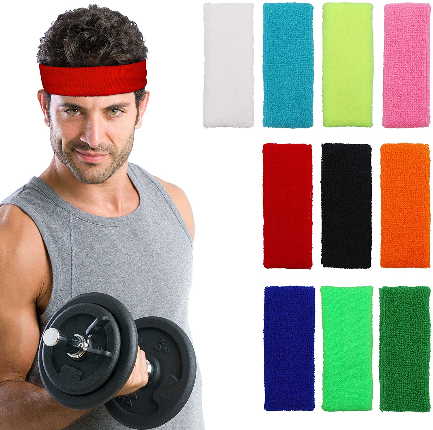 Kurtzy Fibre Sweatbands (10 Pack) Elastic Stretch Headbands for Men