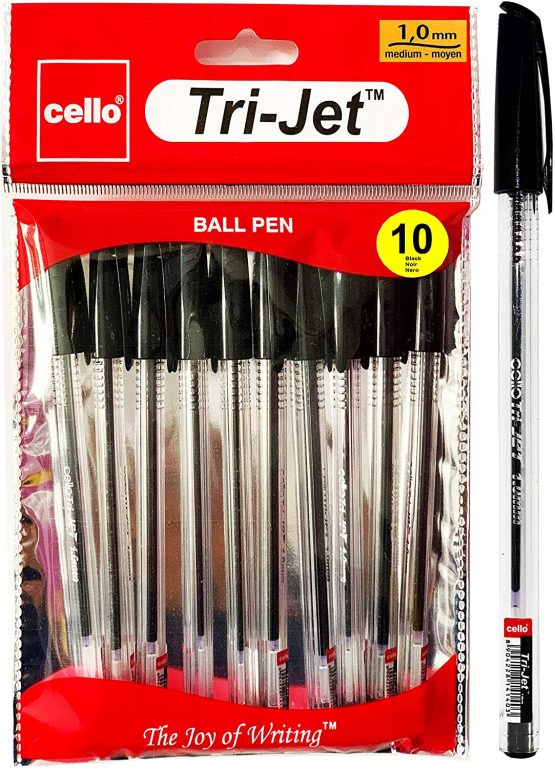 Cello Tri-jet Ballpoint Pens Extra Grip Medium Point Biro (1.0 mm) - Black Pens Pack Of 10