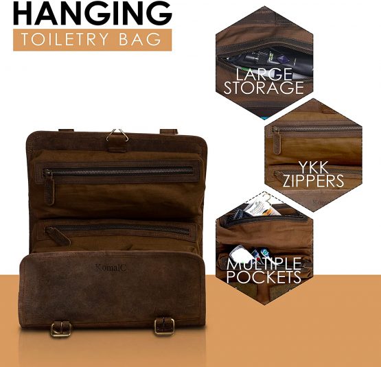 KomalC Premium Buffalo Leather Hanging Toiletry Bag Travel Dopp Kit, Distressed Tan - Image 3