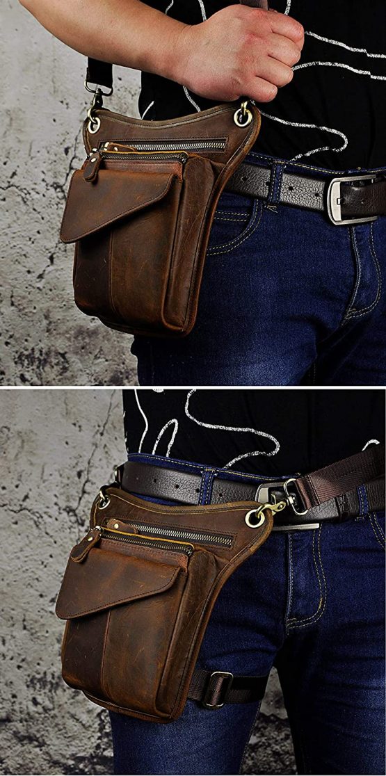 Le'aokuu Mens Genuine Leather Messenger Hip Bum Blet Fanny Waist Pack Tactic Drop Leg Thigh Bag - Image 2