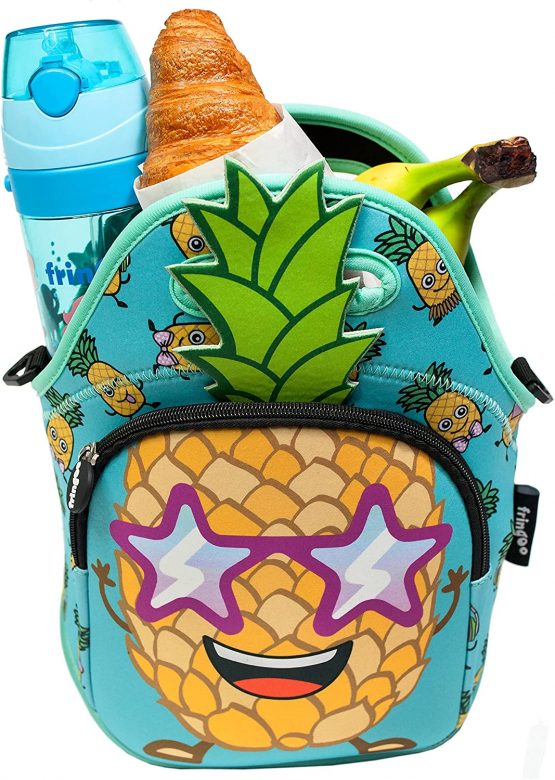 FRINGOO® Kids Lunch Bag Neoprene Thermal Insulated Zipped Pocket Shoulder Strap Nursery School Cooler Bag (Pineapple) - Image 3