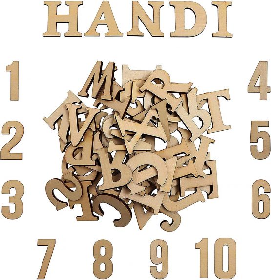 Handi Stitch Unfinished Wooden Letters & Numbers (124 Pieces) - 52 Capital & 52 Lowercase (A-Z) Alphabet Letters - 20 (0-9) Numbers - DIY Wood Pieces for Learning, Decor & Crafts