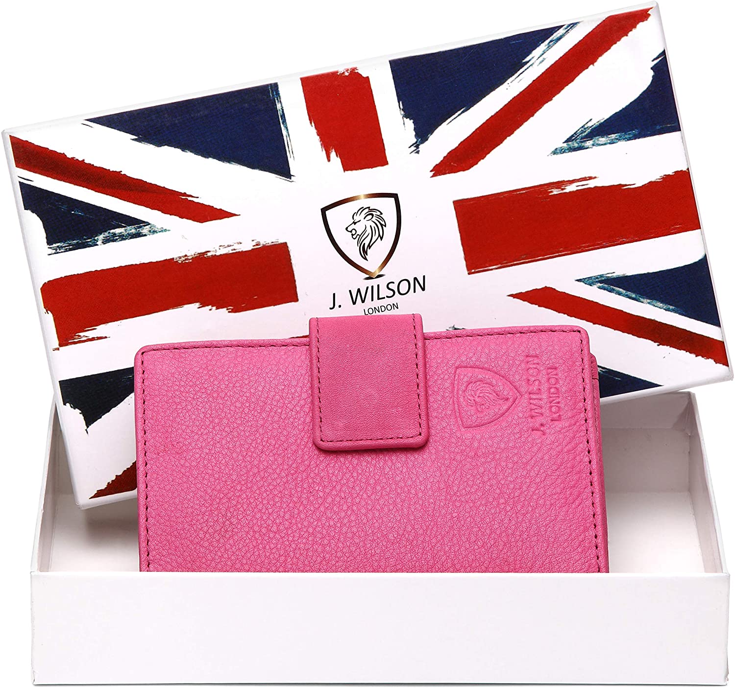 J. Wilson London Ladies RFID Safe Designer Leather Purse Card Women Wallet Zip Pocket Boxed, Pink - Image 2