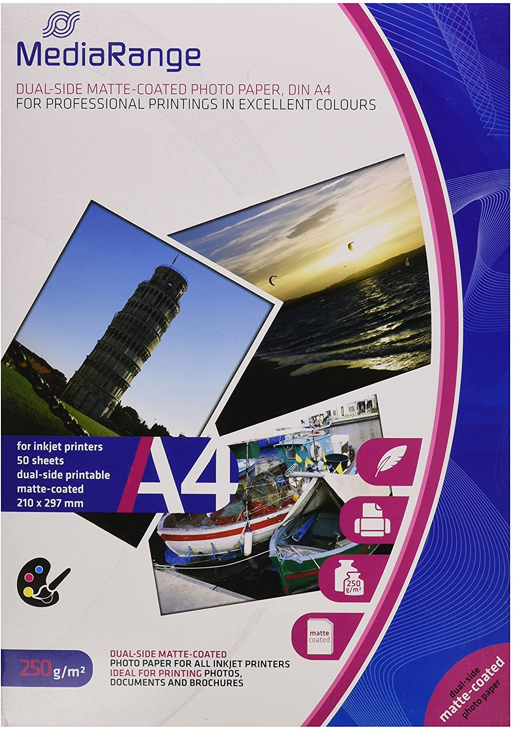 MediaRange MRINK112 Photo Paper A4 White 50 Sheets 250gr matt Coated on Both Sides, beidseitig matt