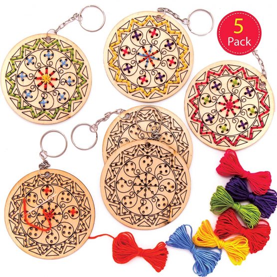 Baker Ross AW984 Rangoli Wooden Cross Stitch Keyring Kits (Pack of 5) -Arts and Crafts for Kids, Assorted - Image 2