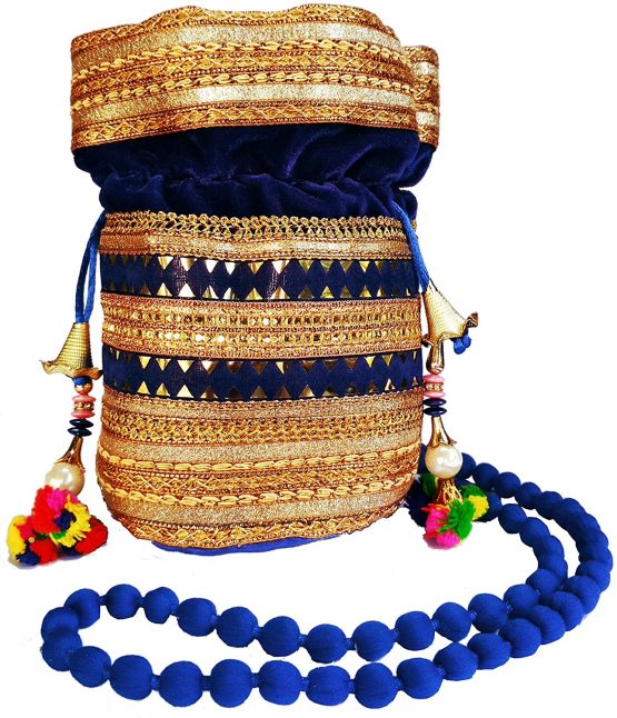 Purpledip Rich Velvet Potli Bag (Clutch, Drawstring Purse, Evening Handbag) For Women With Heavy Gold Embroidery Work and Colorful Tassels, Blue (11482) - Image 2