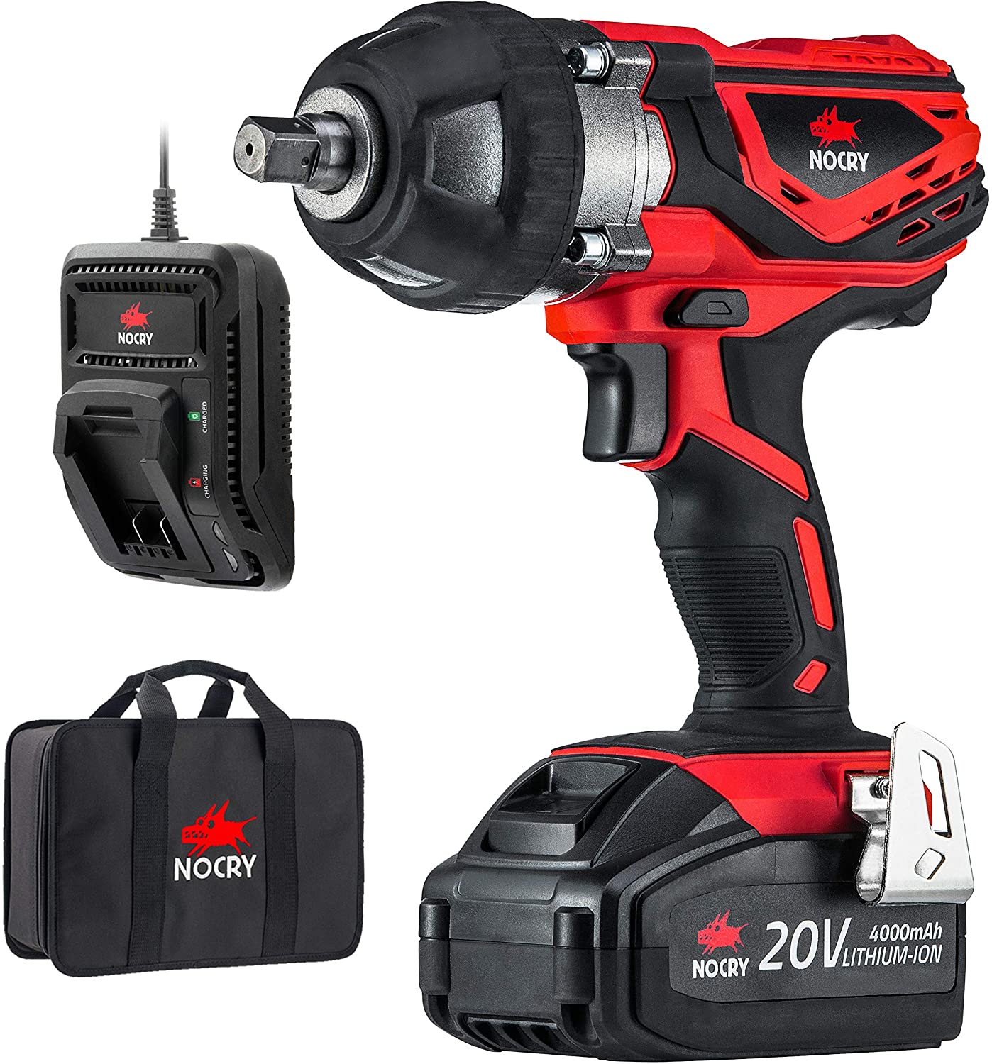 NoCry 20V Cordless Impact Wrench, 300 ft-lb (400 Nm) Torque, 2700 Max IPM, 2200 RPM, 1/2 Inch Anvil; 4.0 Ah Battery