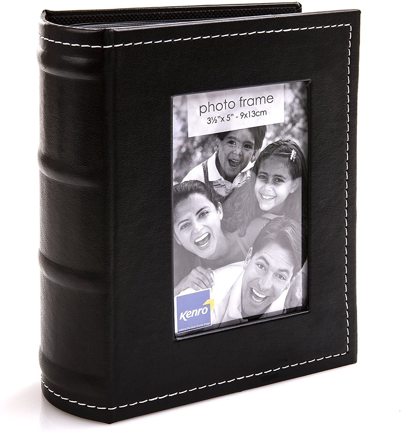 Kenro Black Leather Look Small Photo Album for 80 Photos 6x4 inch/10x15cm with Photo Window to Front and White Stitching