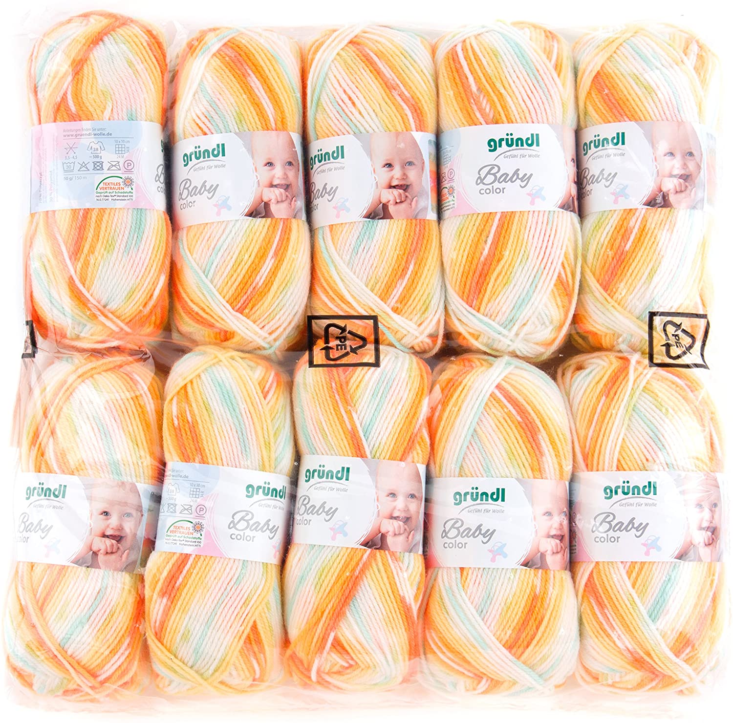Gründl 3457 Baby Color Wool, 70% polyester 30% Cotton, Multi-coloured, 35 x 32 x 8 cm Orange (Pack of 10)