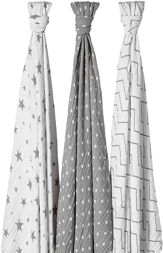 Bloomsbury Mill - Pack of 3 x Large Soft Muslin Swaddles - Pram & Nursing Cover - 100% Pure Organic Cotton Muslin in Gifting Ribbon - 120cm x 120cm - Stars, Chevrons & Polka Dots - Grey & White - Image 3
