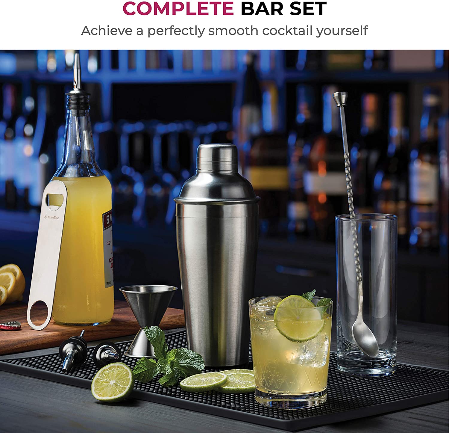 FineDine 7-Piece Stainless Steel Cocktail Shaker Set - 26 oz Shaker & Strainer - Bartender Kit - Cocktail Gift Set - Image 2