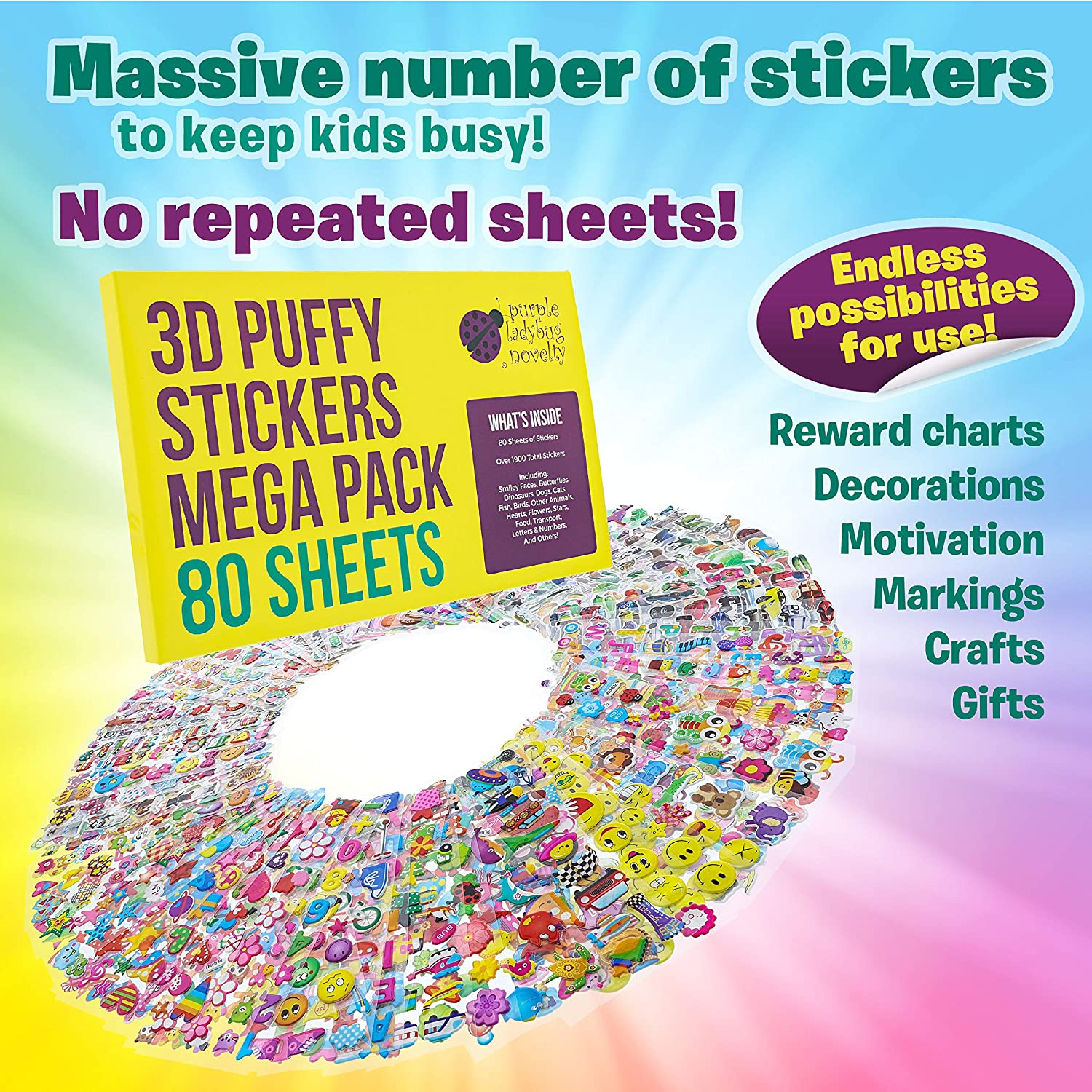 PURPLE LADYBUG 2000 PCS 3D Puffy Stickers for Children, 80 Unique Kids Sticker Sheets Featuring Animals, Dinosaurs & Letters - Image 2