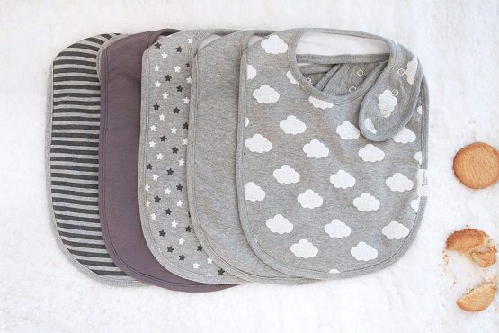 Budding Bear Premium Baby Feeding Bibs (Pack of 5) - 100% Organic Cotton Front and Absorbent Towel Backing - Baby Bibs for Girls and Boys with 4 Adjustable Nickel Free Snap Buttons - Grey - Image 4