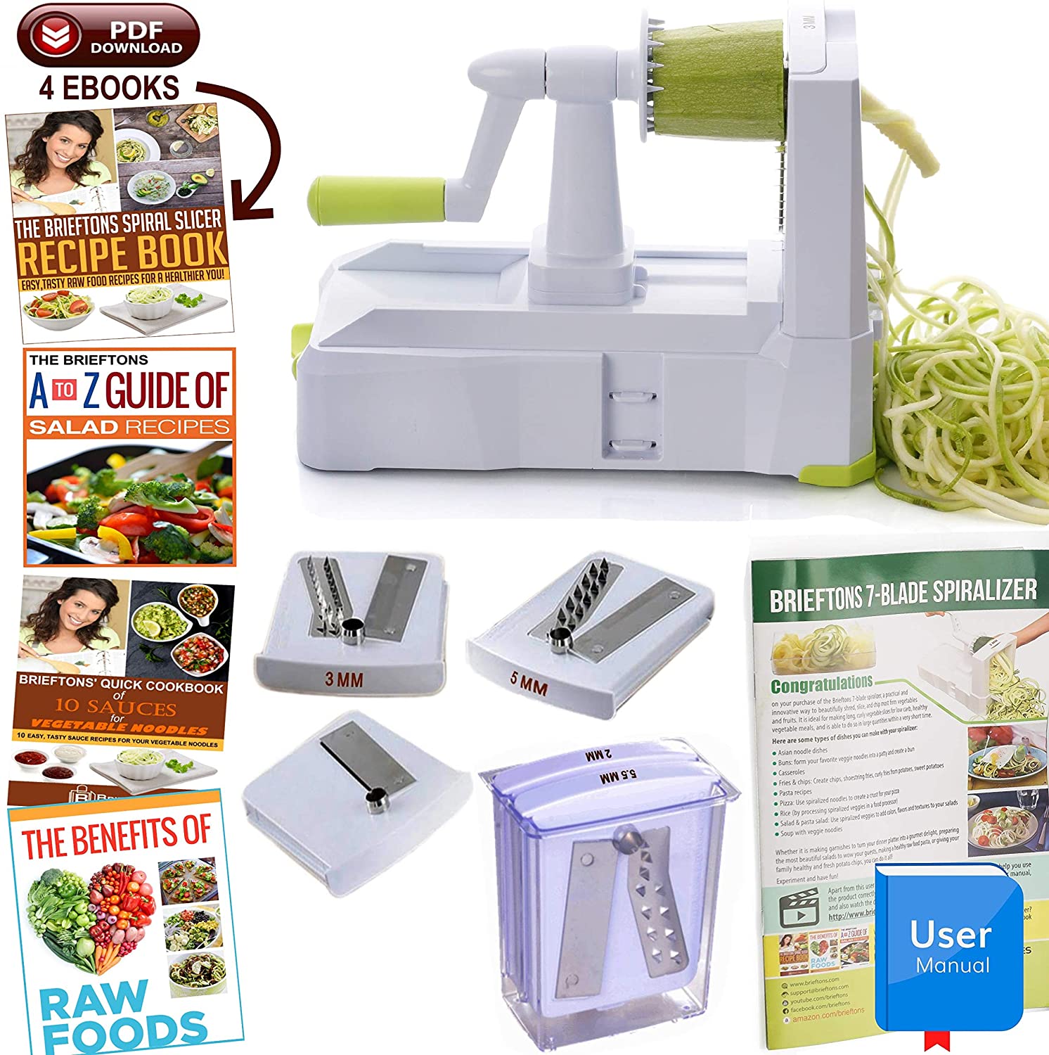 Brieftons 5-Blade Vegetable Spiralizer: Best Zucchini Spiral Slicer & Veggie Noodle Maker, Japanese Steel Blades - Image 2