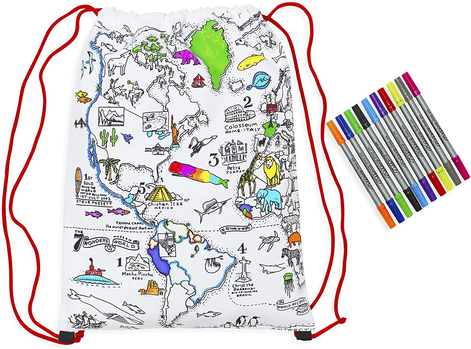 eatsleepdoodle World Map Drawstring Backpack, Colour Your Own Map Backpack