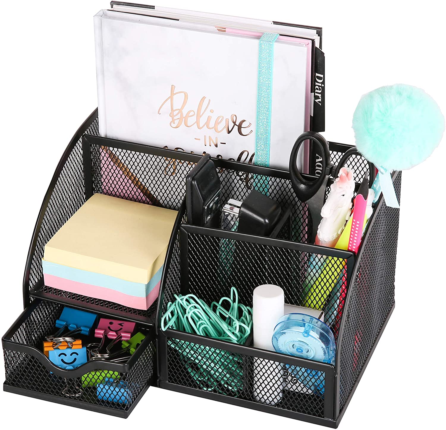 EXERZ Desk Organiser/Mesh Desk Tidy Caddy/Pencil Holder Multifunctional with 7 Compartments- Black - Image 2