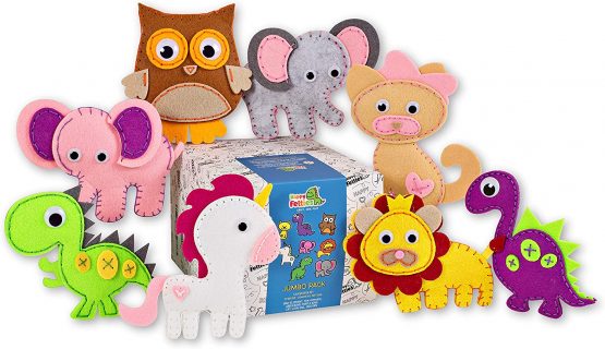 Happy Felties JUMBO Pack (8 Figures) - Felt Animal Crafting Sewing Kit - Fun DIY Stuffed Animal Craft for Kids Boys and Girls