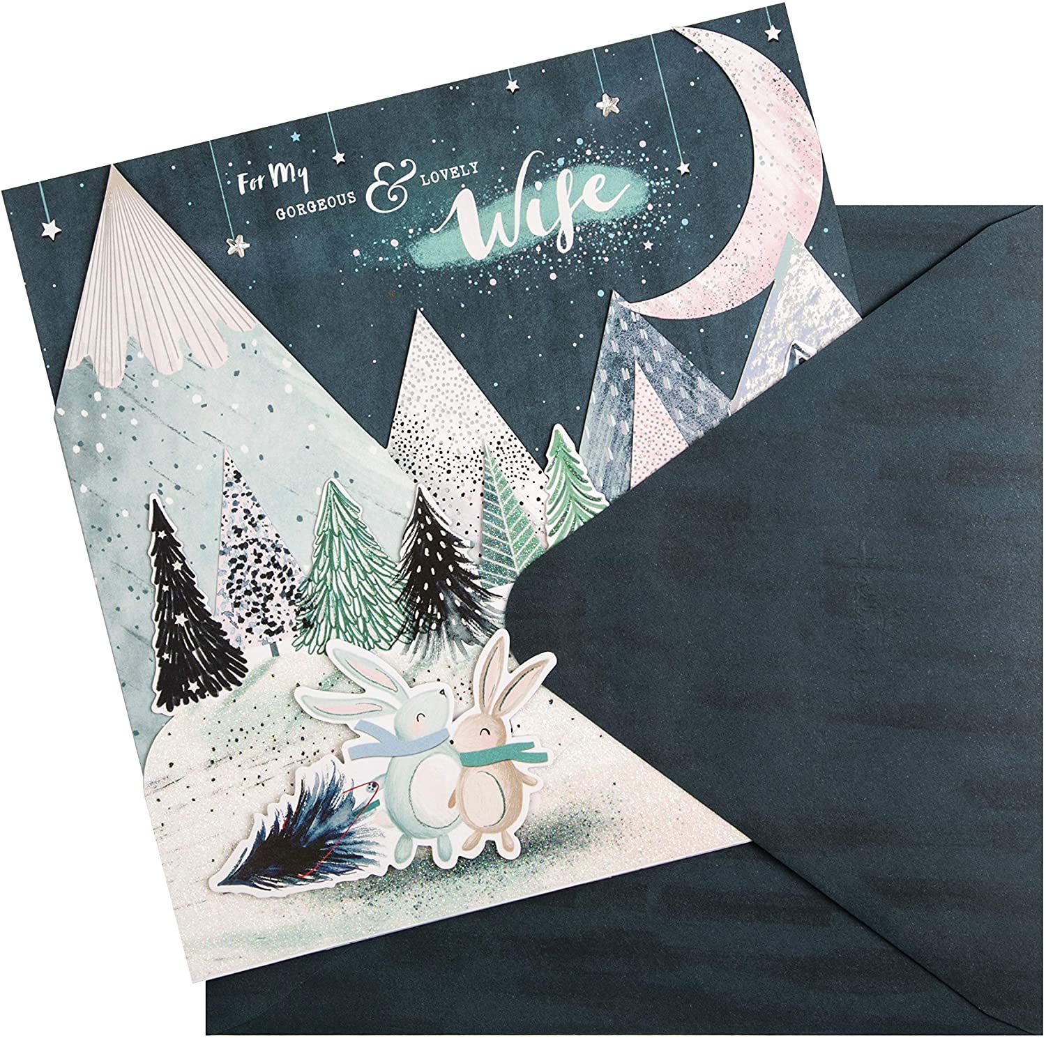 Hallmark Christmas Card for Wife - Cute 3D Fold-Out Rabbits Design, Blue, Green & White, 22 cm by 22 cm - Image 4