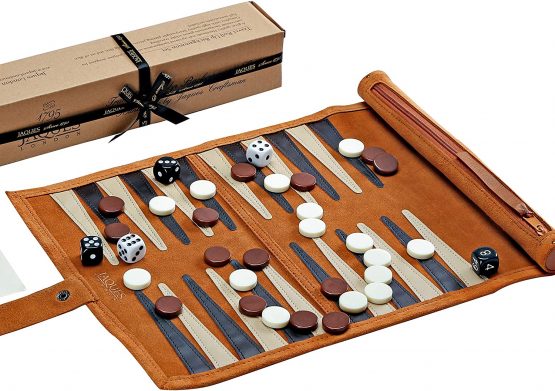 Jaques of London Backgammon Set | Luxury Backgammon Set | Travel Roll Up Backgammon Game with Traditional Tan Design | Genuine Leather Backgammon Set | Since 1795