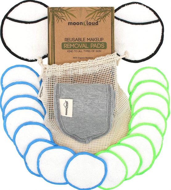 Reusable Makeup Remover Pads With Organic Spa Headband And Laundry Bag - 18 Bamboo Make Up Pads In Two Sizes - Reusable Cotton Wool Pads - Zero Waste Product - Eco-Friendly and Washable-Mooncloud