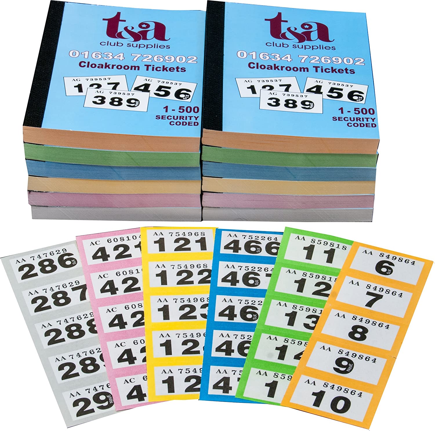 Thomas & Anca Club Supplies Ltd 12 Books of 1-500 Cloakroom/Raffle/Tombola Tickets - 5, Multicolor, Height 34mm Width 45mm
