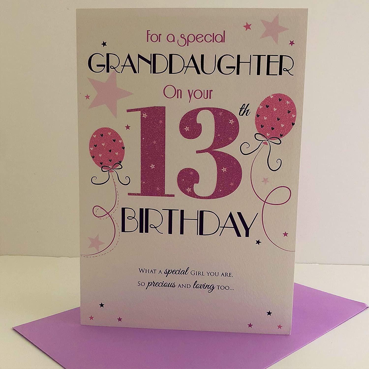 Granddaughter 13th Birthday Card, Age 13, Heart Balloons Design, Special Finishes, Made in the UK