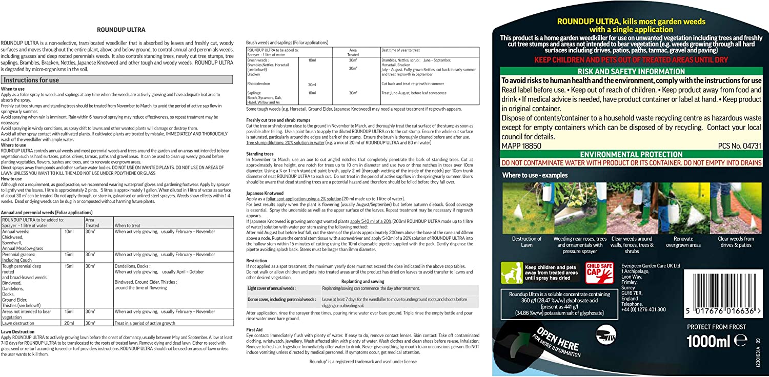 Roundup 117900 Tough Weedkiller, Concenrate, Makes up to 100 Litres, 1 Litre - Image 2