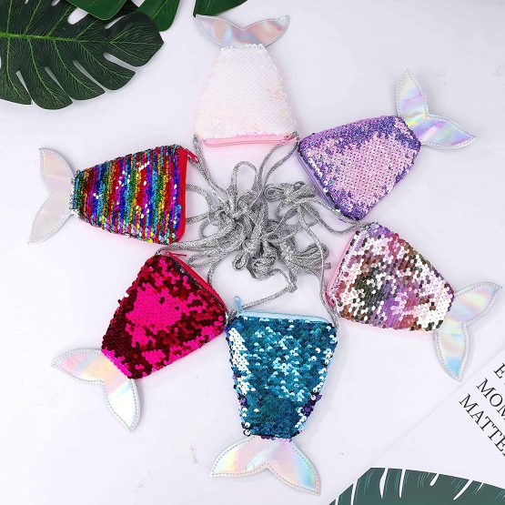 FT-SHOP Mini Children's Coin Purse 6 Pieces Mermaid Tail Sequins Zipper Wallet Pouch with Strap Crossbody Shoulder Bag for Kids little Girls - Image 2