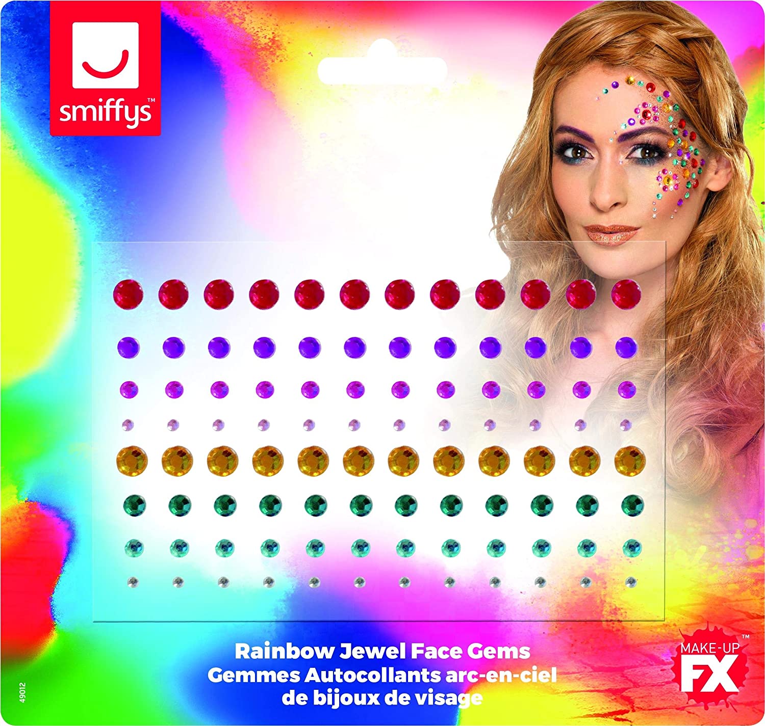 Smiffys Make-Up FX, Rainbow Jewel Face Gems, Multi Sheet of 100 Assorted, Self Adhesive, Cosmetics and Disguises Fancy Dress