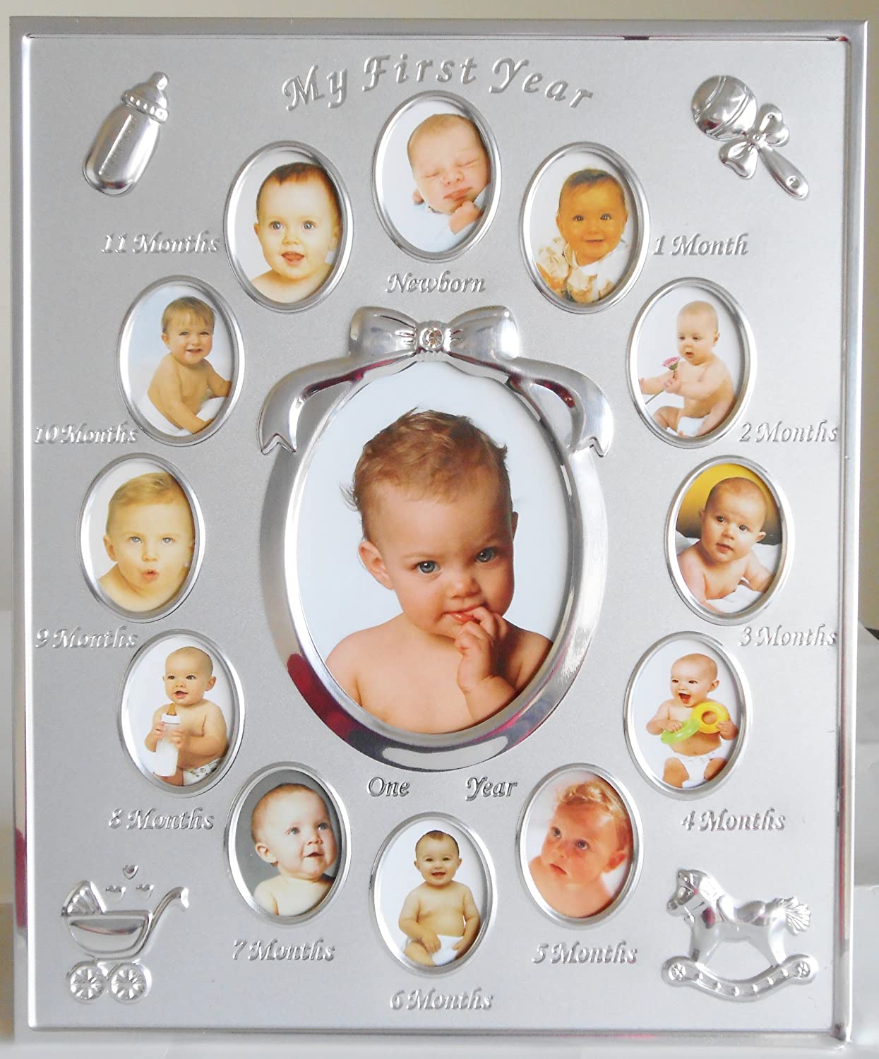 Silver Colour 'My First Year' Baby Multi-Photo Frame holds 13 Photos, My First Year Baby Beautiful Multi-Photo Picture Frame