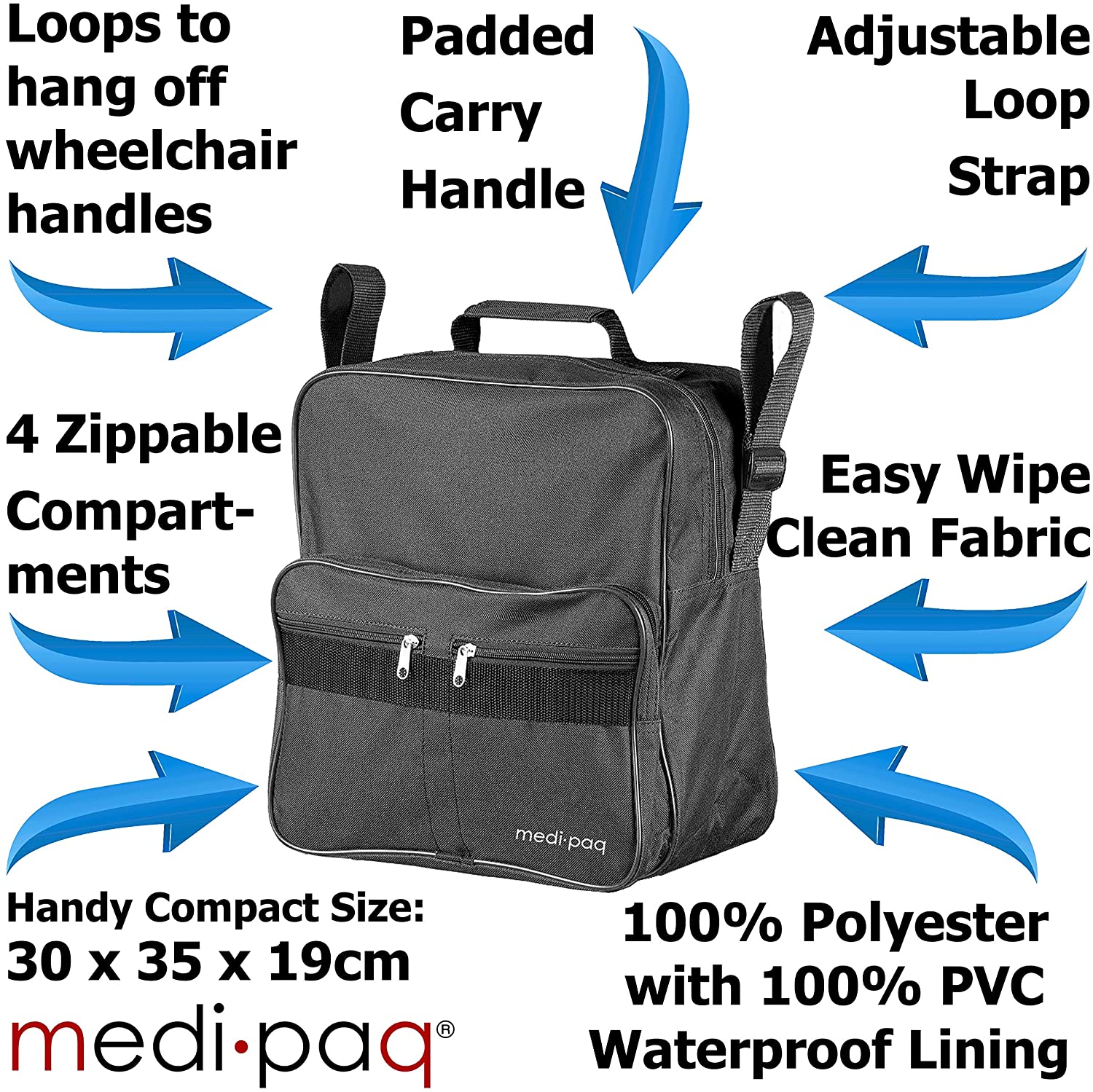 iMedic Deluxe Wheelchair Bag, Black Wheelchair Backpack for Back of Chair with Dimensions of H37 x W33 x D18cm - Image 2