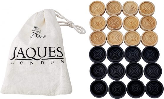 Jaques of London Draughts Pieces | Draughts Set in a Drawstring Bag | Quality Stackable Checkers Pieces for Playing with your Draughts Board Game | Since 1795