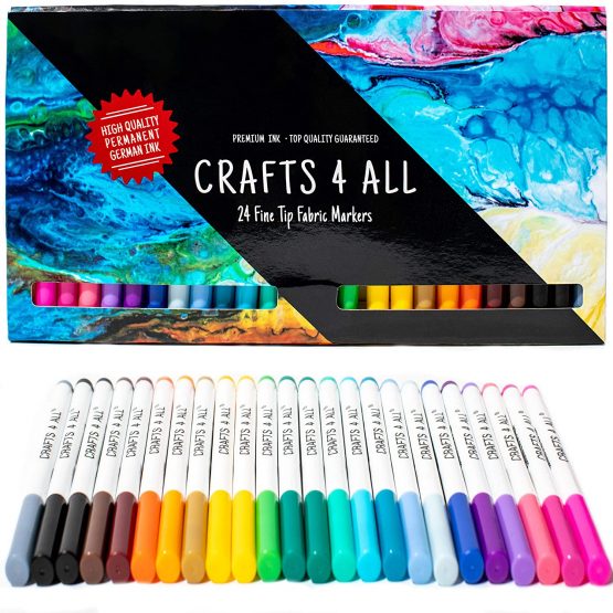 Fabric Markers Permanent Art Markers 24 SET Premium Quality Fine Tip MINIMAL BLEED fabric pens By Crafts 4 ALL d safe & non-toxic.