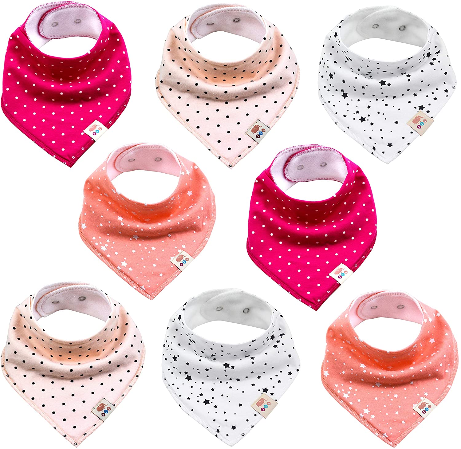 Baby Triangular Scarves Pack of 8 Cute Unisex Cotton with Adjustable Poppers Burp Cloth Bib for Toddlers Boys and Girls (Set Girls)