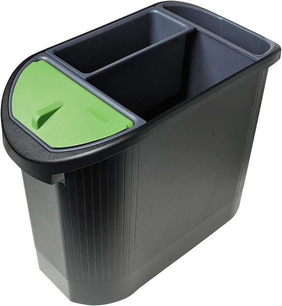 Exacompta Topline Waste Paper Bin Ideal for the Office and Home 480 x 240 x 365 mm, Holds up to 26 Litre, Black/Anthracite Grey with Three Inserts for Recycling