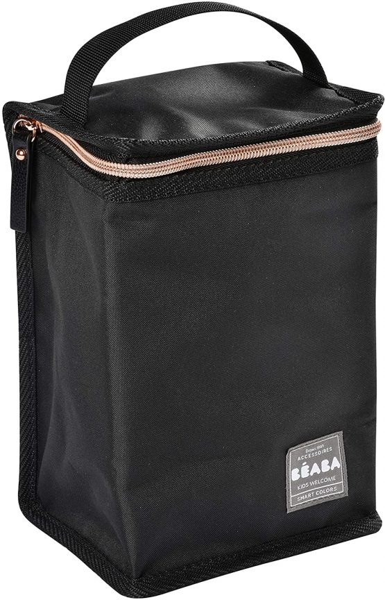 BÉABA - Insulated Baby Meal Pouch - Large Capacity - Thermal Bottle Storage - Bag for carrying full meals - Foldable - Soft Waterproof Material - Black/Pink