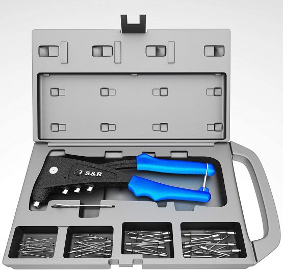S&R Rivet Gun with 60 Rivets (2.4 mm, 3.0/3.2 mm, 4.0 mm, 4.8/5.0 mm) in Aluminum and Stainless Steel for Blind Rivet, 4 Nozzle, 1 Wrench, 1 Storage Box. Hand Professional Riveter.