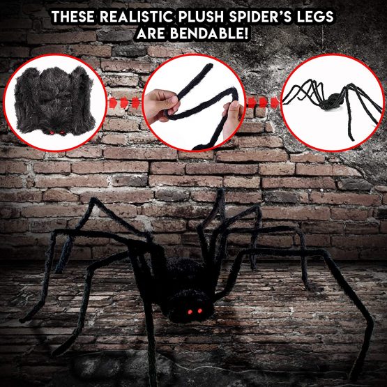 THE TWIDDLERS - Giant Black Spider, 50 in/127cm - Huge Hairy Realistic Shakes & Squeaks, Spooky Garden Halloween Decoration for Indoor & Outdoor Decor - Image 3