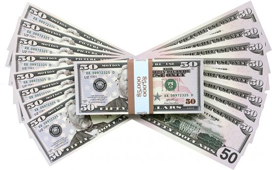 Big Screen Stacks - 100 Full Print Prop Money 50 Dollar Bills , with Spare Bank Strap. Perfect for movies, films, advertising, Social Media, Play Money, Costume Party's, Magic Tricks, Casino Games