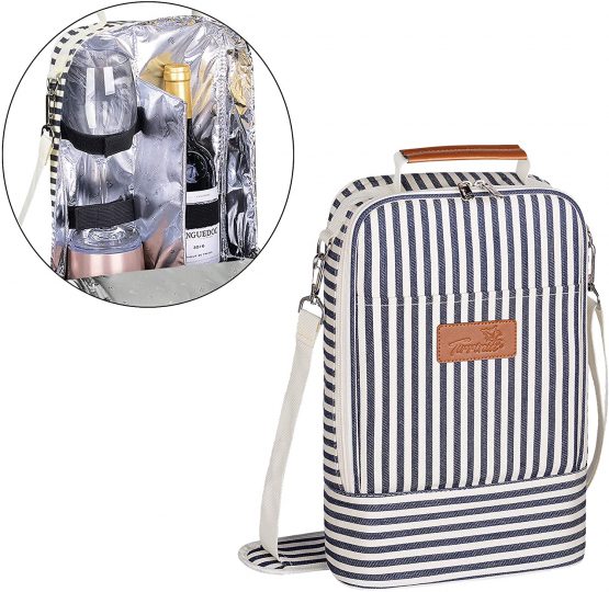 Kato Tirrinia Insulated 2 Bottle Wine Cooler Bag - Wine Cooler Tote Carrier for Picnic, Beach, Wine Lover Gift, Grey