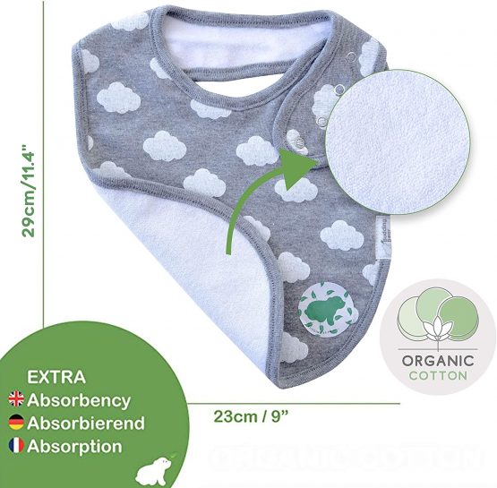 Budding Bear Premium Baby Feeding Bibs (Pack of 5) - 100% Organic Cotton Front and Absorbent Towel Backing - Baby Bibs for Girls and Boys with 4 Adjustable Nickel Free Snap Buttons - Grey - Image 2