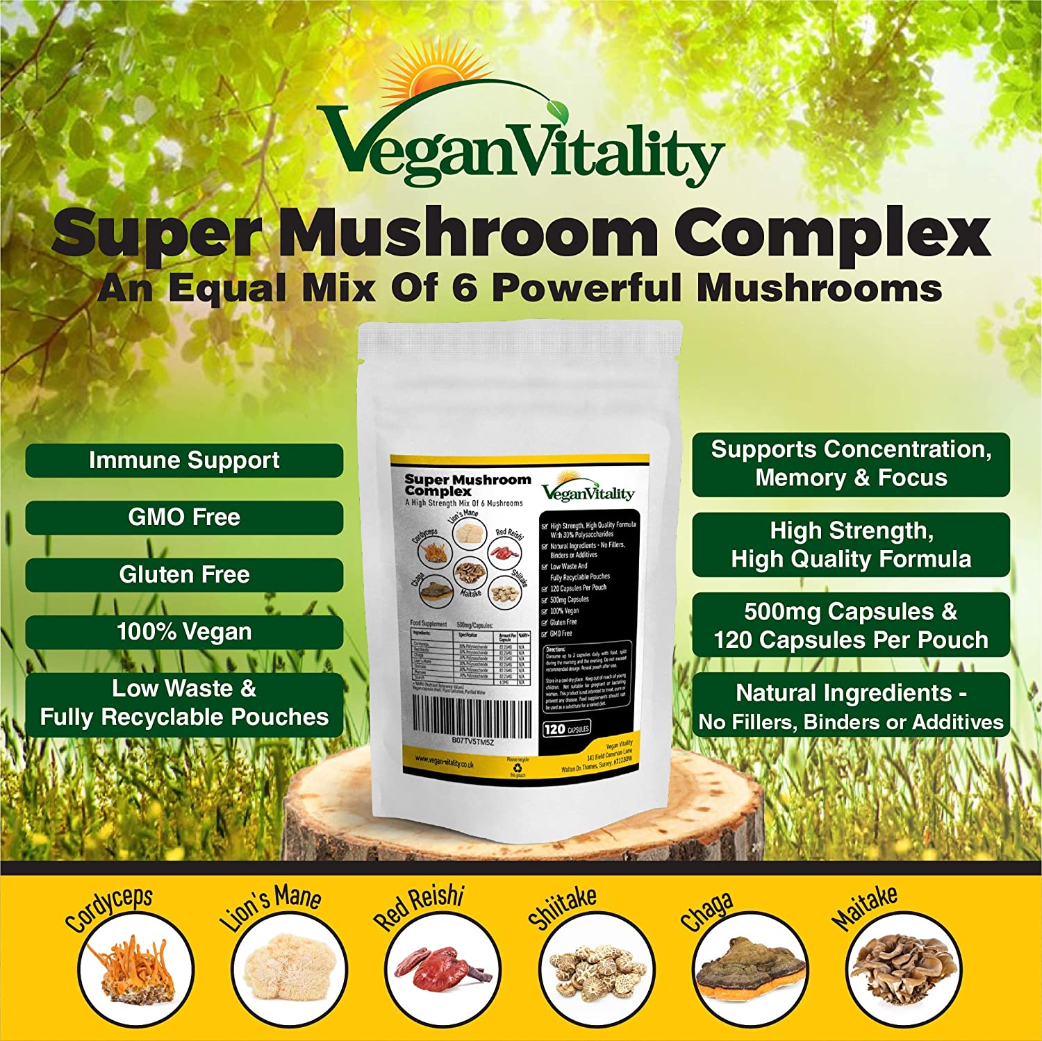 6 Mushroom Supplement Including Lions Mane Supplement High Strength Capsules. Mushroom Complex with Lion's Mane, Reishi - Image 2