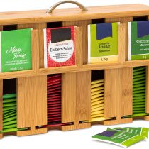 Relaxdays Bamboo Dispenser, Standing Tea Box with Lid and Handle, 4 Compartments, Wooden, Brown, 22 x 33 x 10 cm