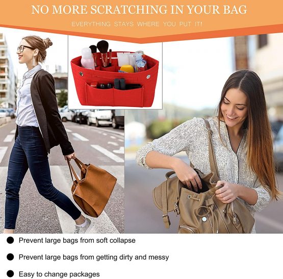 Felt Handbag Organiser Multi-Pocket Insert Tidy Pocket Purse Cosmetic Storage Bag for Women Red - Image 3