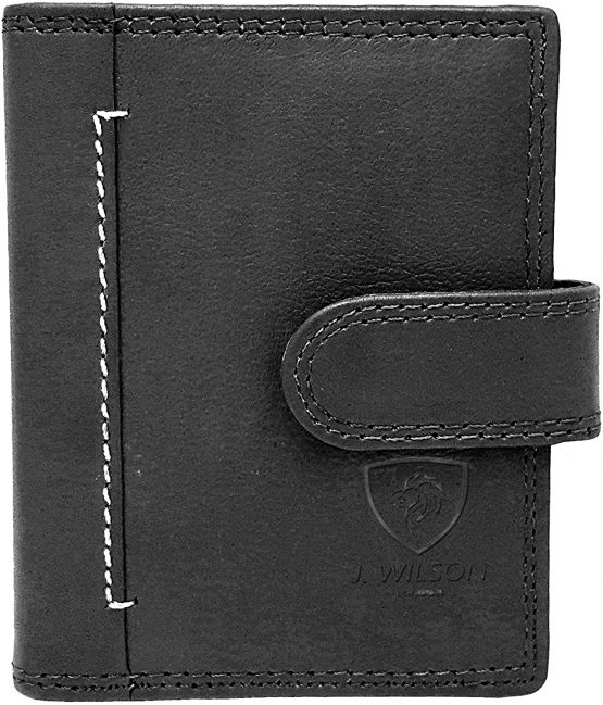 J Wilson London Designer Soft Genuine Leather Credit Card Holder Wallet with Plastic Sleeves RFID Safe Contactless Blocking ID Protection 16 Clear Plastic Pockets - 4 Further Card (Black)