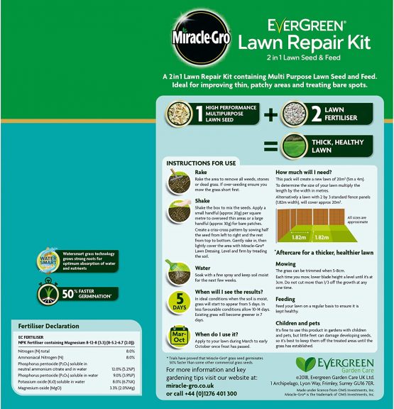 Miracle-Gro EverGreen Lawn Repair Kit 1 kg - 20 m2, 2 in 1 Lawn Seed & Feed - Image 2