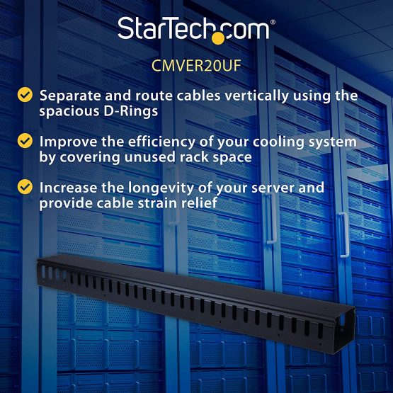 StarTech 3ft (1m) Vertical Cable Management Duct with Cover - 0U Open Slot Finger Duct Wire Raceway for 19 Inch Server Rack - Slotted Cord Channel (CMVER20UF) - Image 3
