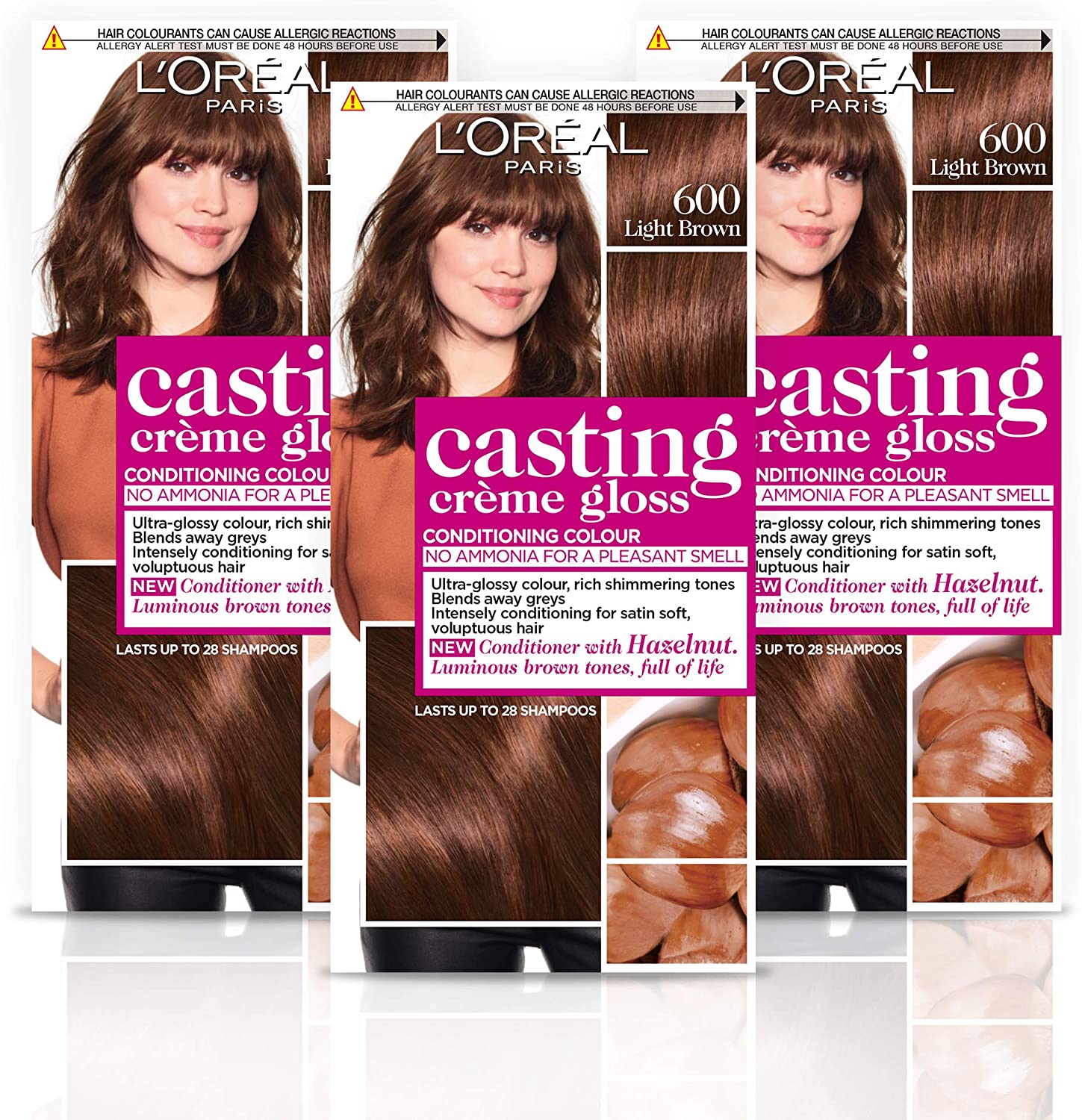 L'Oreal Paris Casting Creme Gloss Brown Semi-Permanent Hair Dye, Blends Away Grey Hair Leaving A Radiant Hair Colour, 600 Light Brown Pack of 3